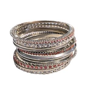 Rhinestones bangle bracelet set of 12 Silver Tone Metal Pink & Clear Accents